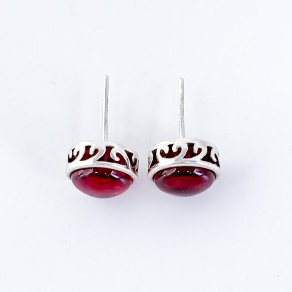 Vintage Sterling Silver 925 Synthetic Ruby Red Cabochon Stud Earrings - Picture 6 of 9